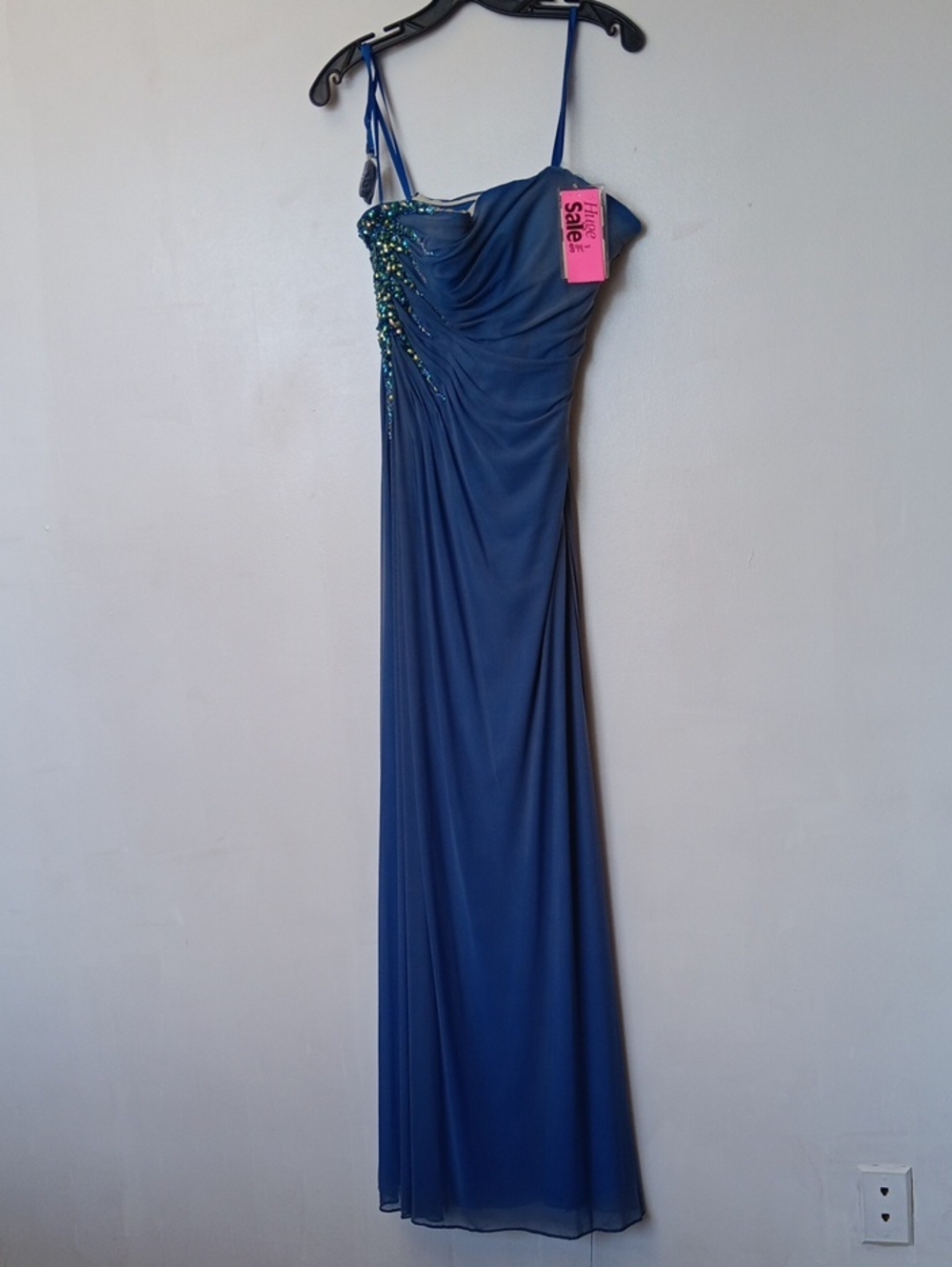 Glamour Blue Beaded Spaghetti-Strap Maxi Dress